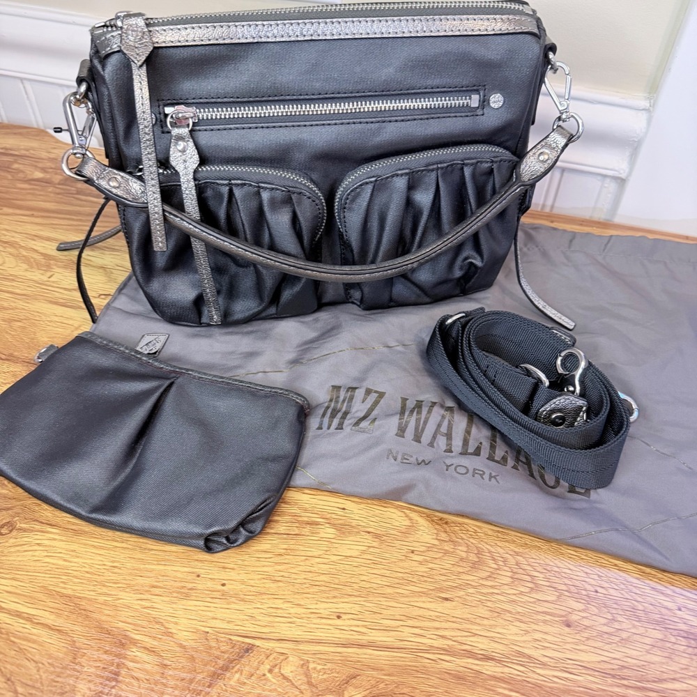 MZ Wallace Set Metallic Graphite Luster Bailey Satchel Crossbody + Makeup Bag - Picture 3 of 16